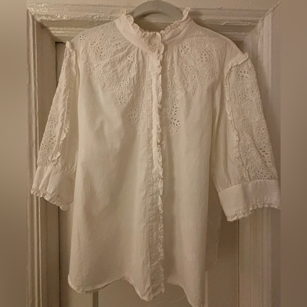 J. Crew White Lace Cotton Buttondown Blouse, size L